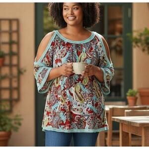 Paisley Vine Top Teal Bell Sleeve Open Shoulder Crochet Art to Wear Boho SZ XL